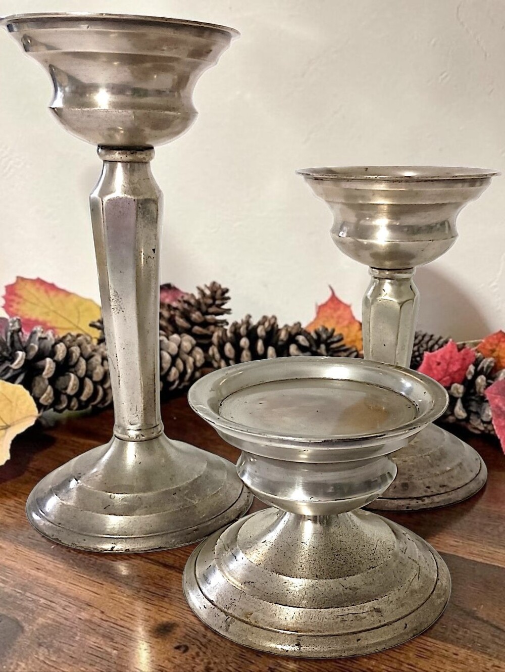 3 Crate & Barrel Pillar Candle Holders Patina Candlesticks Antique Silver Tone